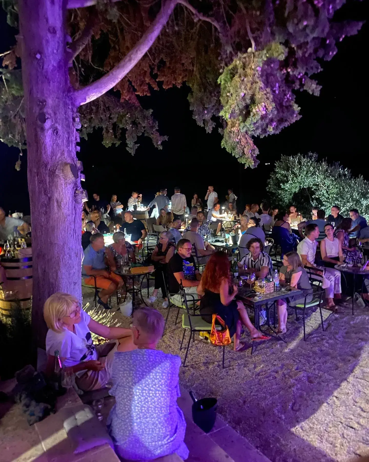 People sitting outside during a nighttime tasting.